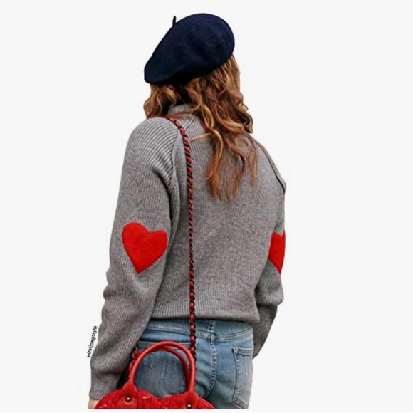 Chicwish Sweaters - Chicwish Mockneck Gray Sweater with Red Hearts on Sleeves size S/M